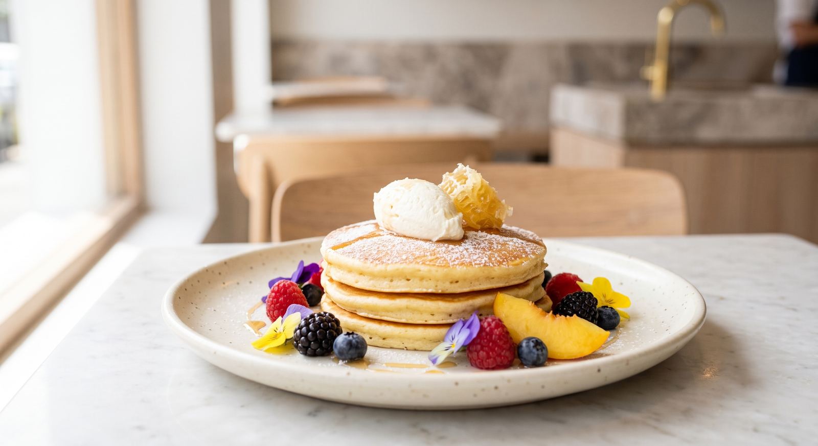 Pancakes with whipped butter, honeycomb and berries